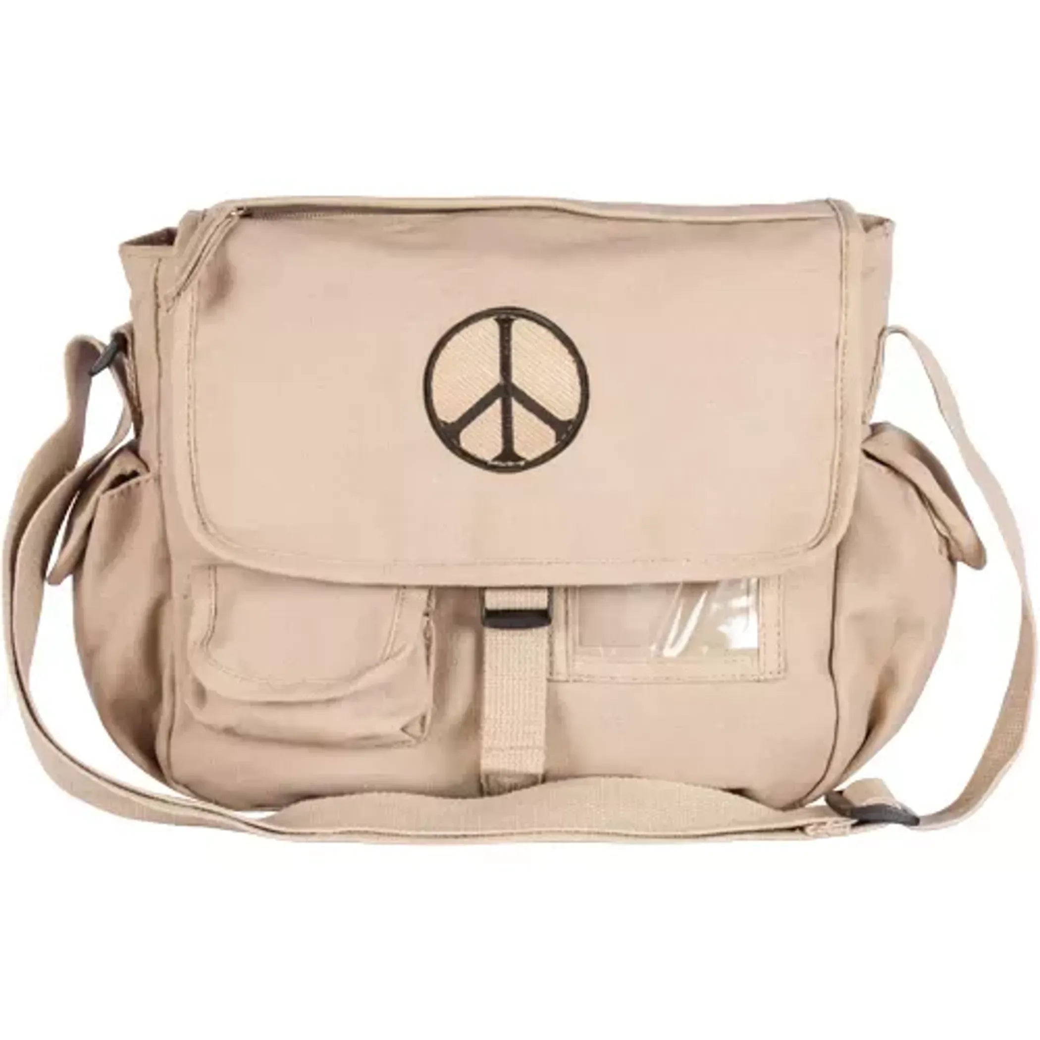 Retro Messenger Bag With Peace Emblem - Olive Drab